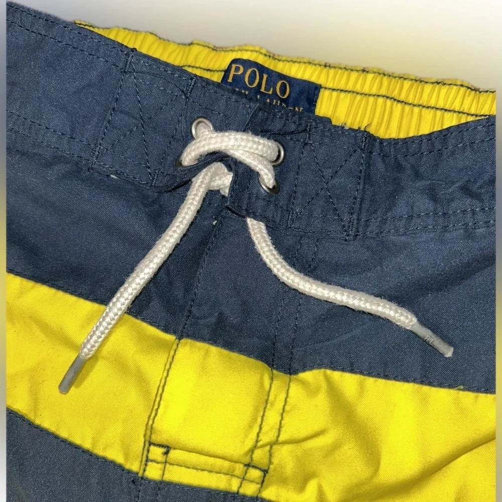 Polo Ralph Lauren Kids Big Pony Navy Yellow Striped Board Shorts Swim Trunks M
